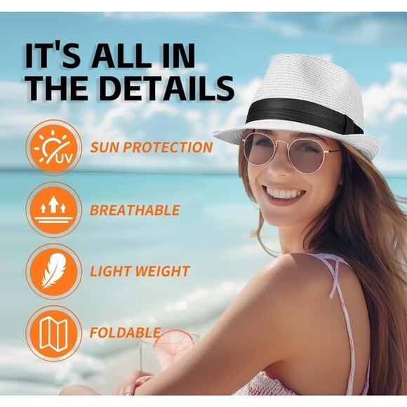 Unisex Straw Fedora Trilby Hat UPF 50+ Packable Summer Beach Sun Hat Size L/XL - Picture 2 of 8